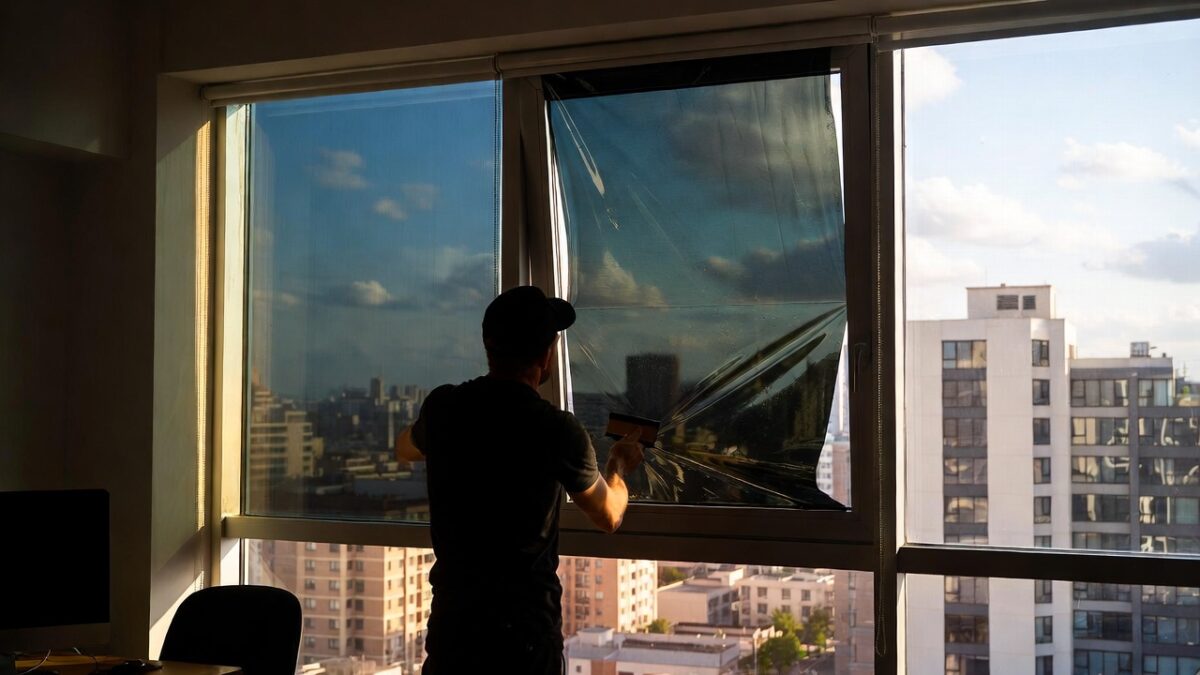 person installing commercial window film image