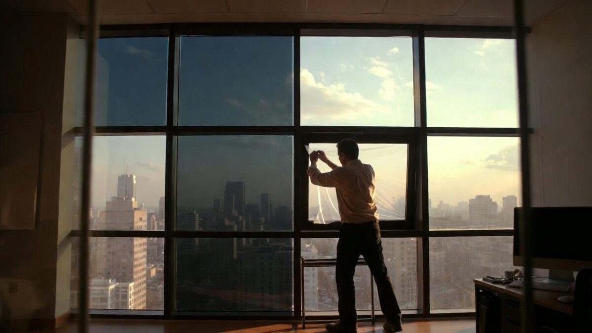person installing commercial window film image